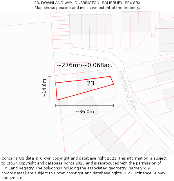 23, DOWNLAND WAY, DURRINGTON, SALISBURY, SP4 8BX: Plot and title map