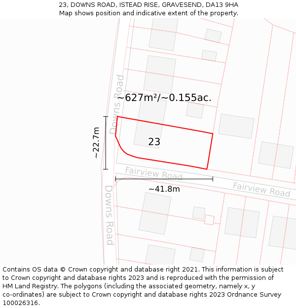 23, DOWNS ROAD, ISTEAD RISE, GRAVESEND, DA13 9HA: Plot and title map