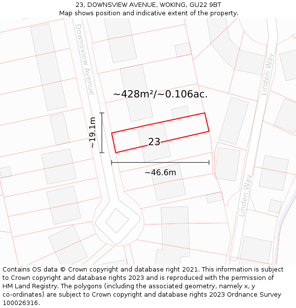 23, DOWNSVIEW AVENUE, WOKING, GU22 9BT: Plot and title map
