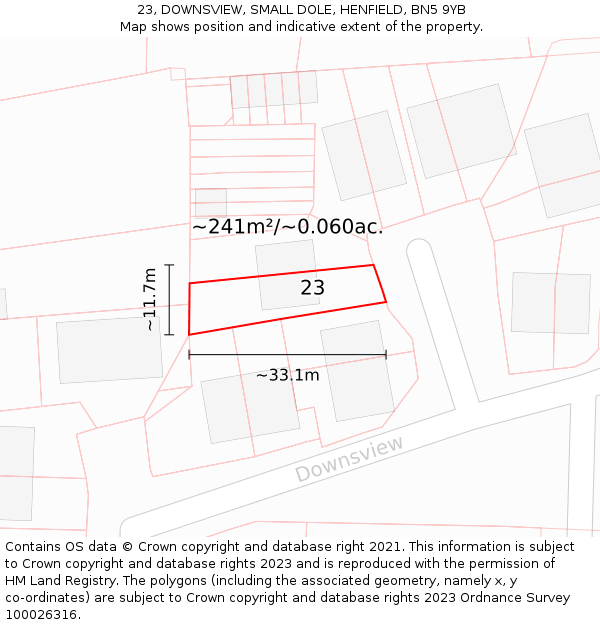 23, DOWNSVIEW, SMALL DOLE, HENFIELD, BN5 9YB: Plot and title map