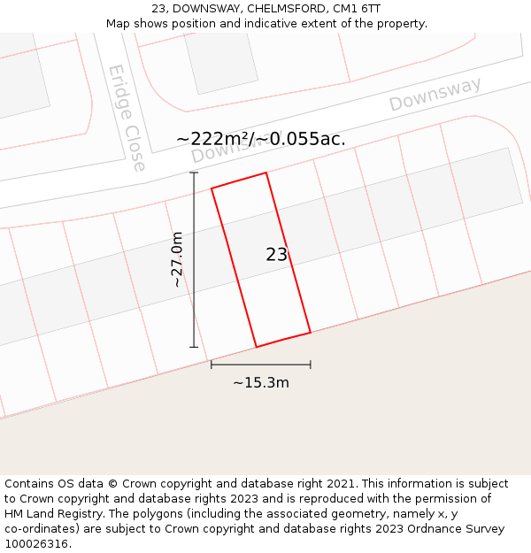 23, DOWNSWAY, CHELMSFORD, CM1 6TT: Plot and title map