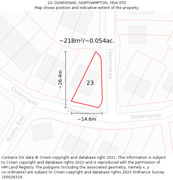 23, DOWNSWAY, NORTHAMPTON, NN4 0TD: Plot and title map