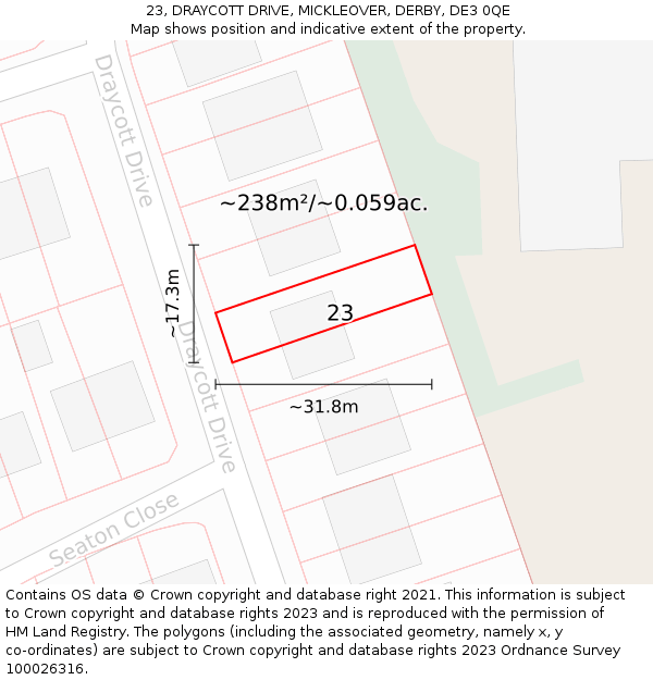 23, DRAYCOTT DRIVE, MICKLEOVER, DERBY, DE3 0QE: Plot and title map