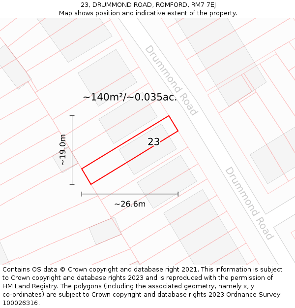 23, DRUMMOND ROAD, ROMFORD, RM7 7EJ: Plot and title map