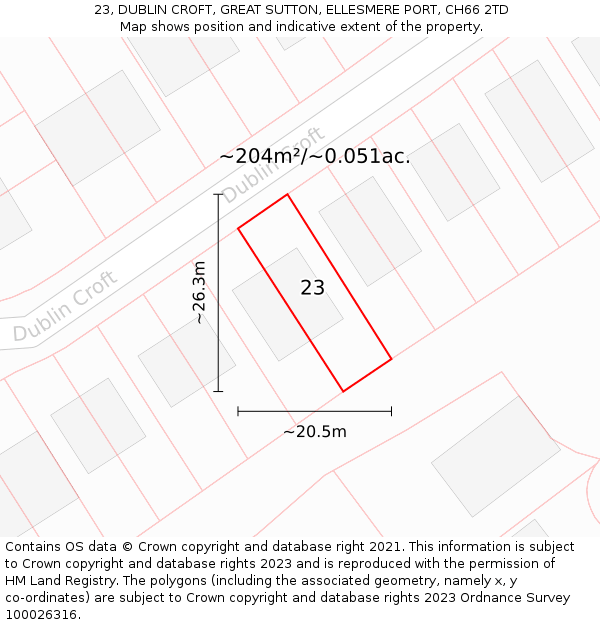 23, DUBLIN CROFT, GREAT SUTTON, ELLESMERE PORT, CH66 2TD: Plot and title map