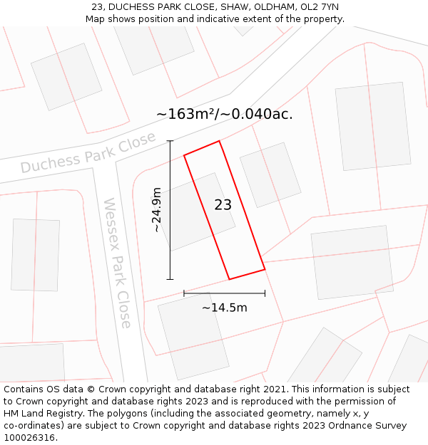 23, DUCHESS PARK CLOSE, SHAW, OLDHAM, OL2 7YN: Plot and title map