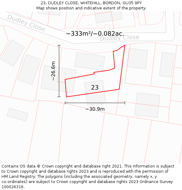 23, DUDLEY CLOSE, WHITEHILL, BORDON, GU35 9PY: Plot and title map