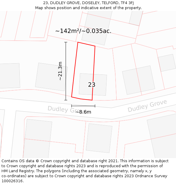 23, DUDLEY GROVE, DOSELEY, TELFORD, TF4 3FJ: Plot and title map