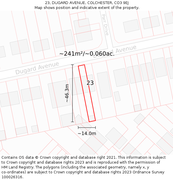 23, DUGARD AVENUE, COLCHESTER, CO3 9EJ: Plot and title map
