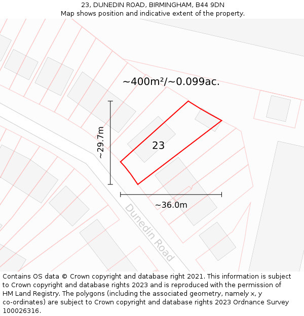 23, DUNEDIN ROAD, BIRMINGHAM, B44 9DN: Plot and title map
