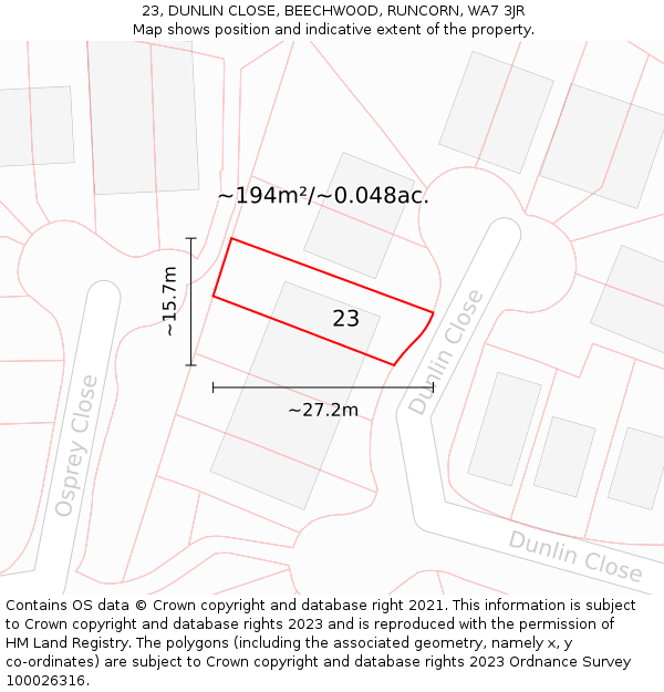 23, DUNLIN CLOSE, BEECHWOOD, RUNCORN, WA7 3JR: Plot and title map