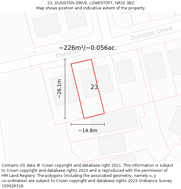 23, DUNSTON DRIVE, LOWESTOFT, NR32 3BZ: Plot and title map