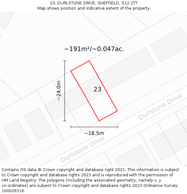 23, DURLSTONE DRIVE, SHEFFIELD, S12 2TT: Plot and title map