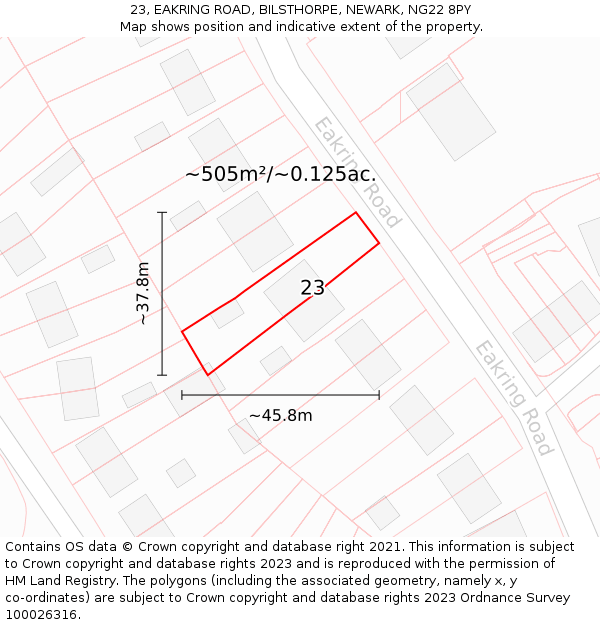 23, EAKRING ROAD, BILSTHORPE, NEWARK, NG22 8PY: Plot and title map