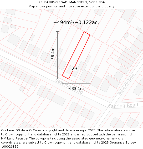 23, EAKRING ROAD, MANSFIELD, NG18 3DA: Plot and title map