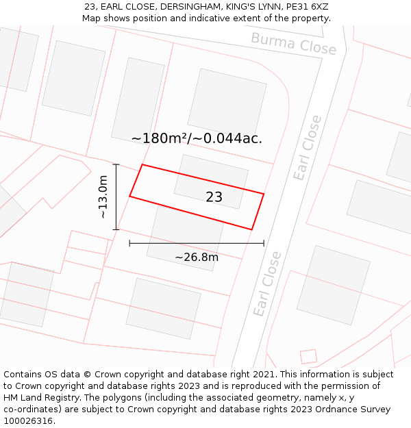 23, EARL CLOSE, DERSINGHAM, KING'S LYNN, PE31 6XZ: Plot and title map