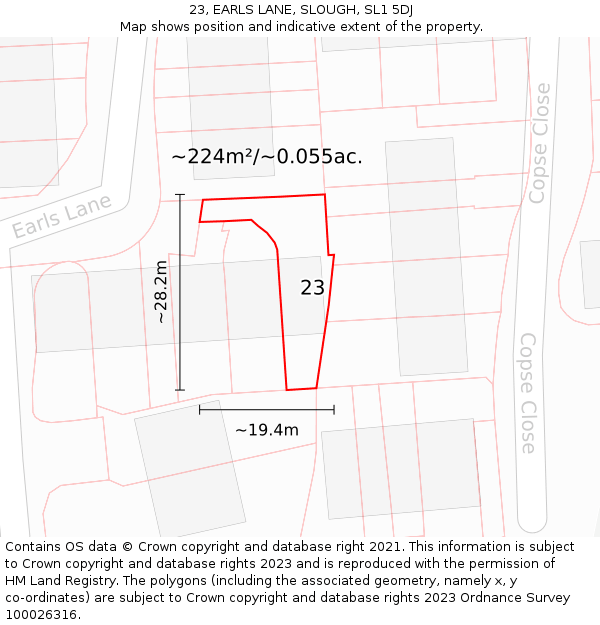 23, EARLS LANE, SLOUGH, SL1 5DJ: Plot and title map