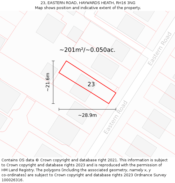 23, EASTERN ROAD, HAYWARDS HEATH, RH16 3NG: Plot and title map