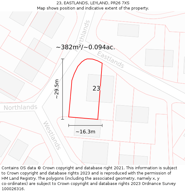 23, EASTLANDS, LEYLAND, PR26 7XS: Plot and title map