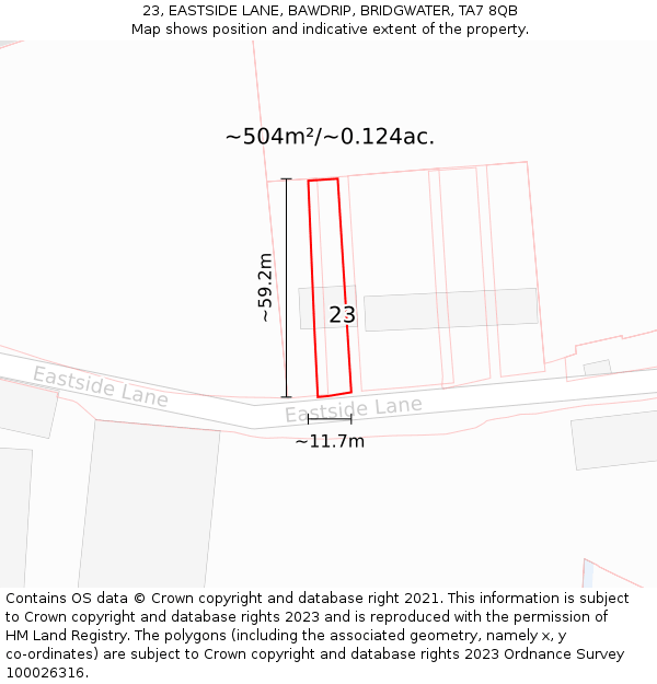 23, EASTSIDE LANE, BAWDRIP, BRIDGWATER, TA7 8QB: Plot and title map