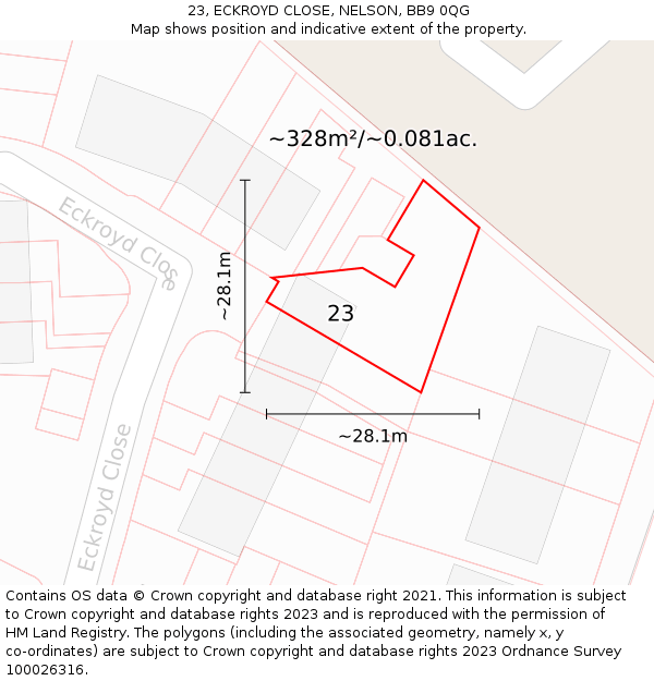 23, ECKROYD CLOSE, NELSON, BB9 0QG: Plot and title map