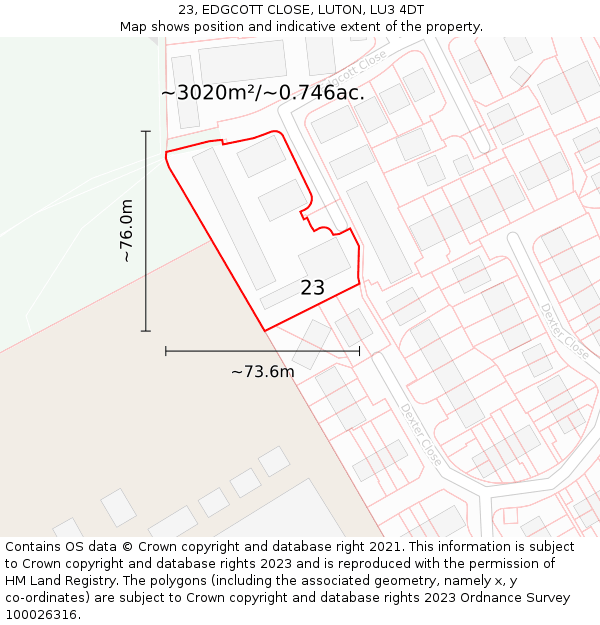 23, EDGCOTT CLOSE, LUTON, LU3 4DT: Plot and title map