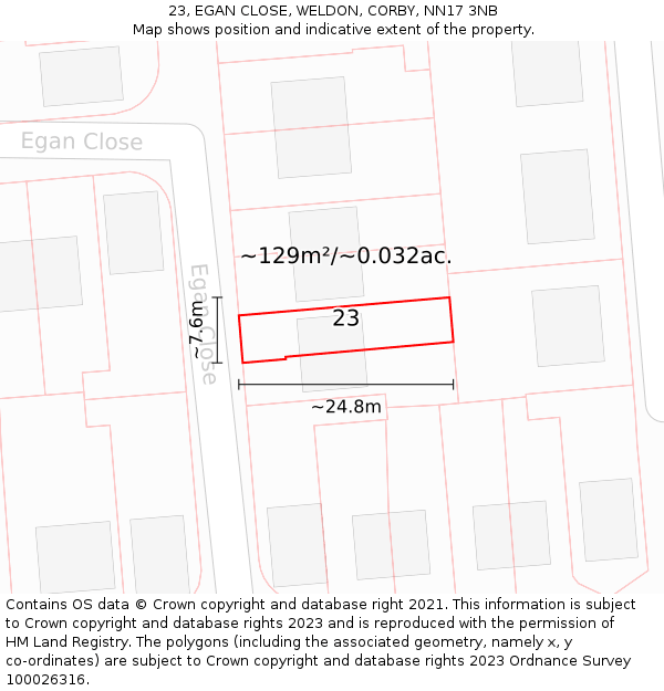 23, EGAN CLOSE, WELDON, CORBY, NN17 3NB: Plot and title map