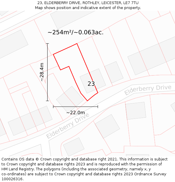 23, ELDERBERRY DRIVE, ROTHLEY, LEICESTER, LE7 7TU: Plot and title map