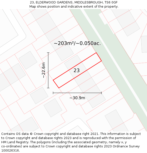 23, ELDERWOOD GARDENS, MIDDLESBROUGH, TS6 0GF: Plot and title map