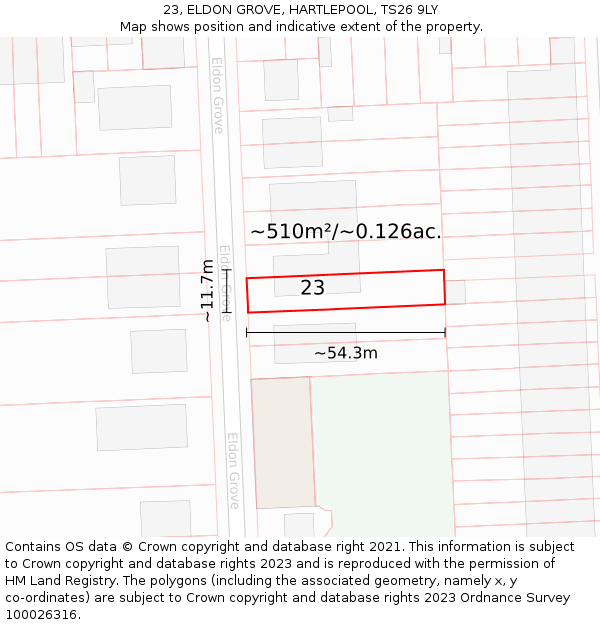 23, ELDON GROVE, HARTLEPOOL, TS26 9LY: Plot and title map