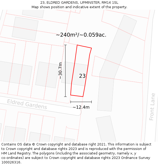23, ELDRED GARDENS, UPMINSTER, RM14 1SL: Plot and title map