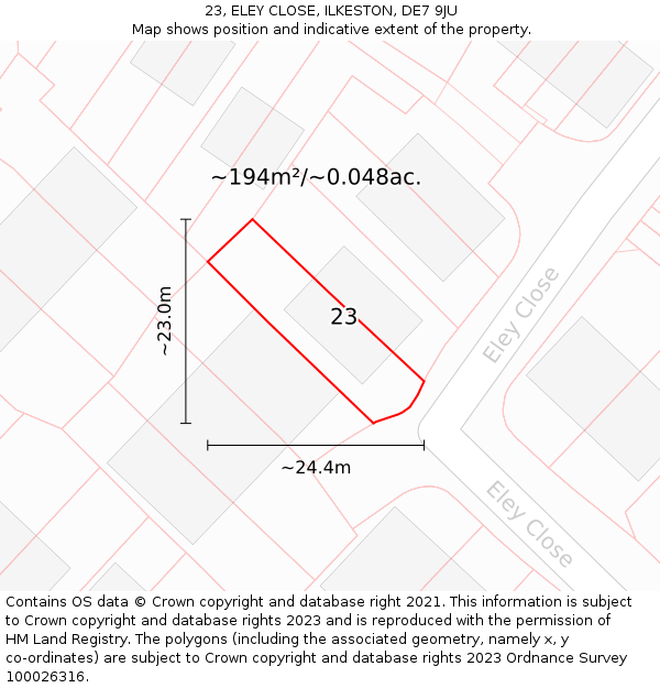 23, ELEY CLOSE, ILKESTON, DE7 9JU: Plot and title map