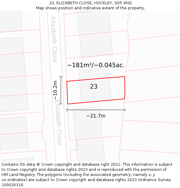 23, ELIZABETH CLOSE, HOCKLEY, SS5 4NQ: Plot and title map