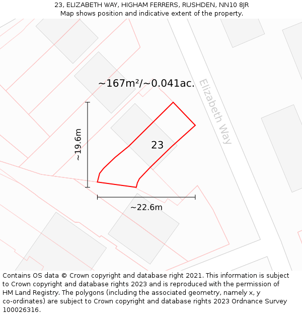 23, ELIZABETH WAY, HIGHAM FERRERS, RUSHDEN, NN10 8JR: Plot and title map