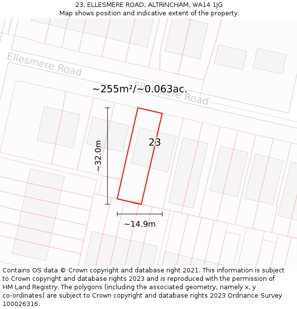 23, ELLESMERE ROAD, ALTRINCHAM, WA14 1JG: Plot and title map