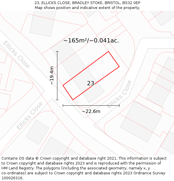 23, ELLICKS CLOSE, BRADLEY STOKE, BRISTOL, BS32 0EP: Plot and title map