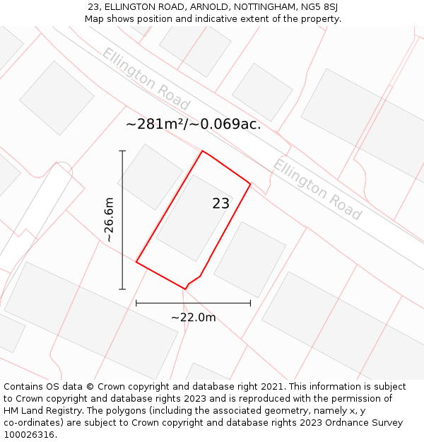 23, ELLINGTON ROAD, ARNOLD, NOTTINGHAM, NG5 8SJ: Plot and title map