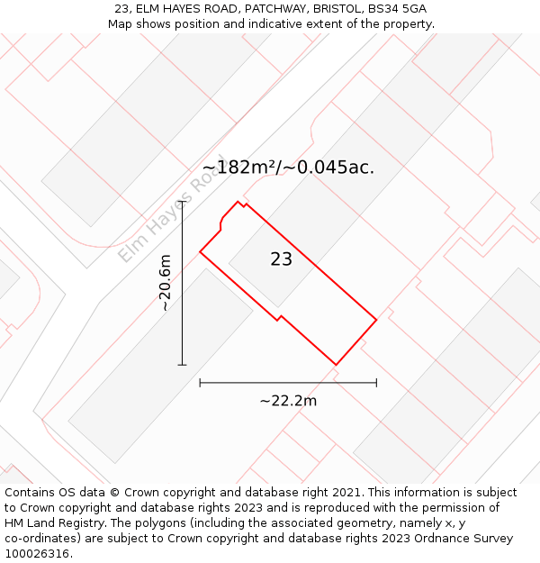 23, ELM HAYES ROAD, PATCHWAY, BRISTOL, BS34 5GA: Plot and title map