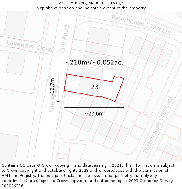 23, ELM ROAD, MARCH, PE15 8QS: Plot and title map
