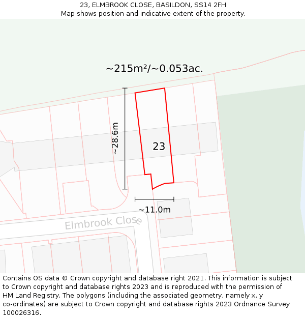 23, ELMBROOK CLOSE, BASILDON, SS14 2FH: Plot and title map