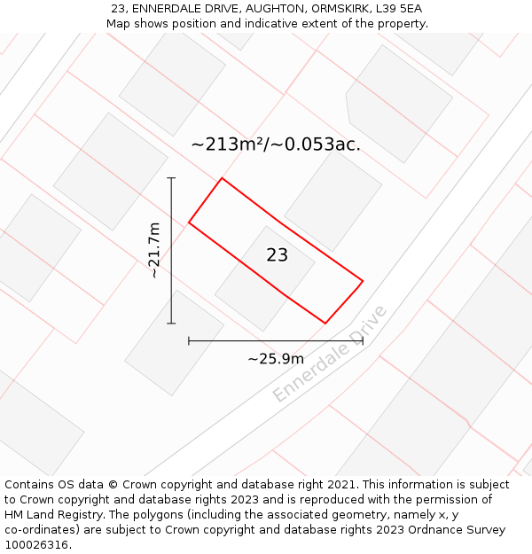 23, ENNERDALE DRIVE, AUGHTON, ORMSKIRK, L39 5EA: Plot and title map