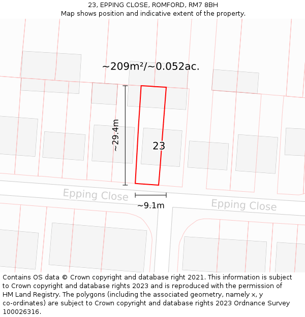 23, EPPING CLOSE, ROMFORD, RM7 8BH: Plot and title map