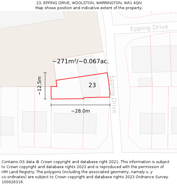 23, EPPING DRIVE, WOOLSTON, WARRINGTON, WA1 4QN: Plot and title map
