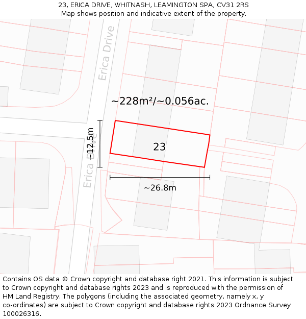 23, ERICA DRIVE, WHITNASH, LEAMINGTON SPA, CV31 2RS: Plot and title map