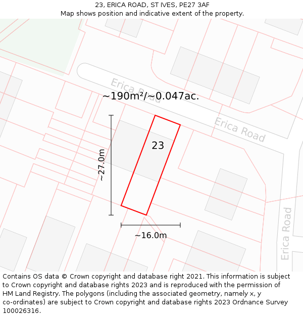 23, ERICA ROAD, ST IVES, PE27 3AF: Plot and title map