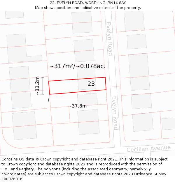 23, EVELYN ROAD, WORTHING, BN14 8AY: Plot and title map