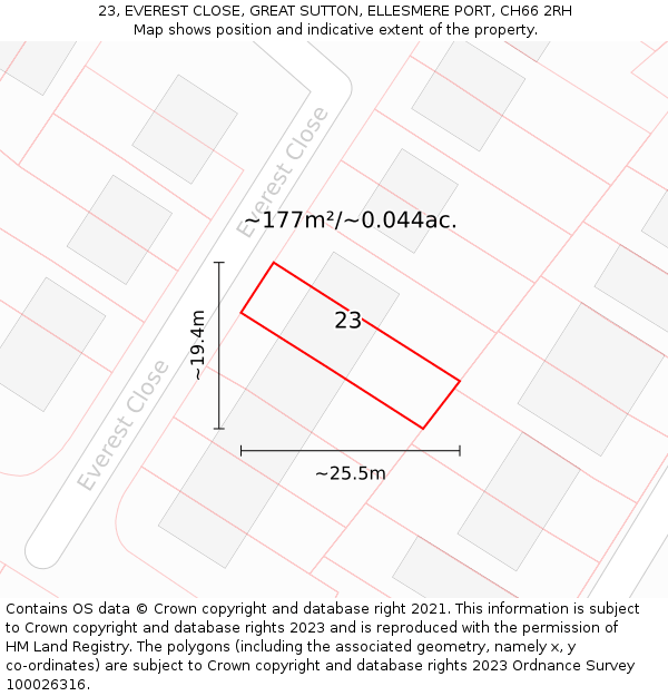 23, EVEREST CLOSE, GREAT SUTTON, ELLESMERE PORT, CH66 2RH: Plot and title map