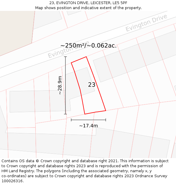 23, EVINGTON DRIVE, LEICESTER, LE5 5PF: Plot and title map