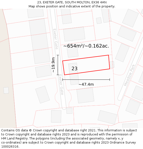 23, EXETER GATE, SOUTH MOLTON, EX36 4AN: Plot and title map