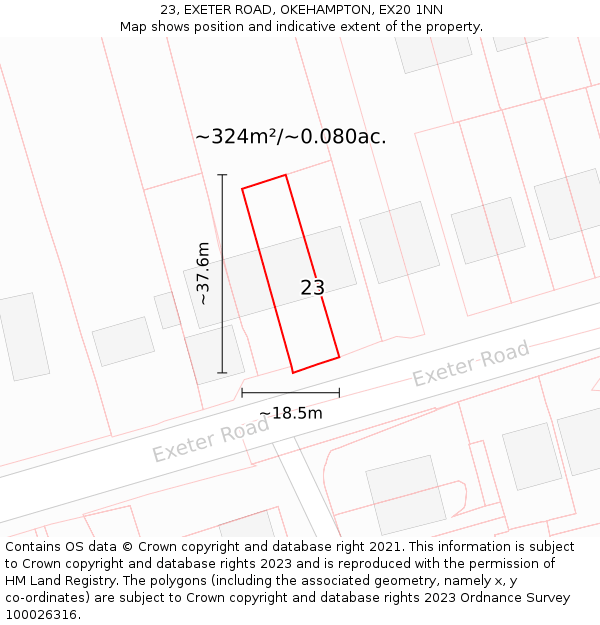 23, EXETER ROAD, OKEHAMPTON, EX20 1NN: Plot and title map